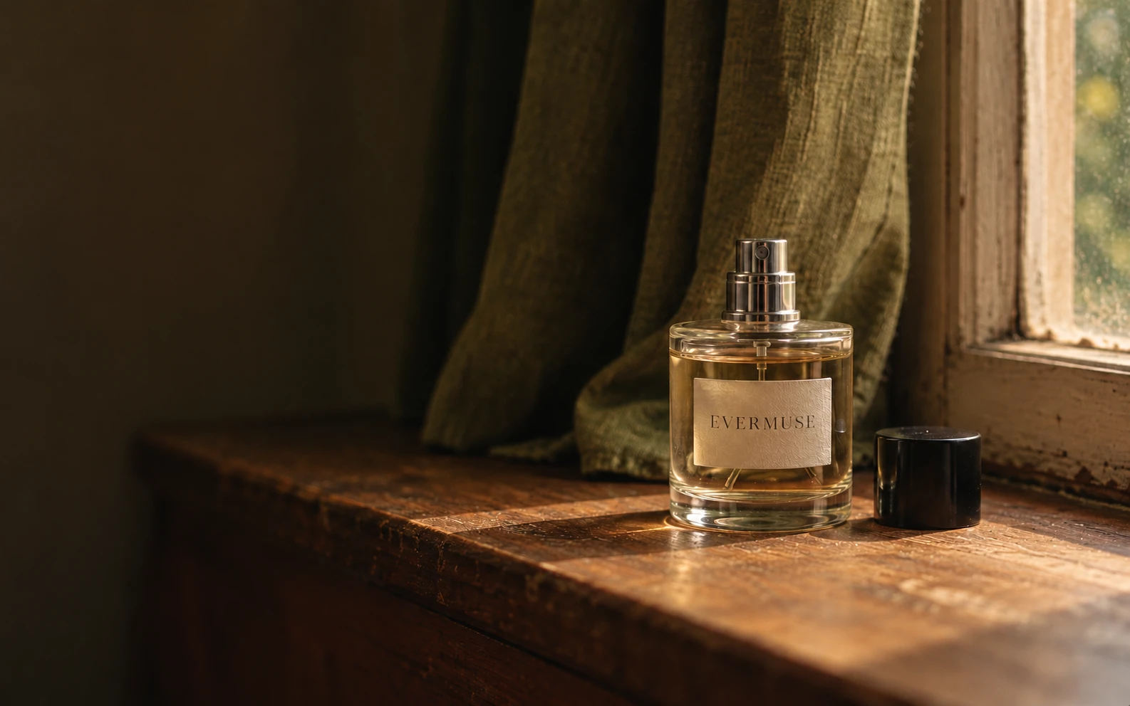 EverMuse perfume on a wooden windowsill in soft natural light